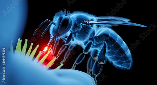 Holographic Blue Honey Bee Drinking Glowing Red Nectar From a Flower 3D Illustration