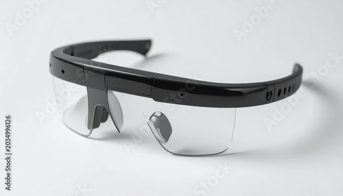 Black Smart Glasses Resting on Minimal White Studio Surface