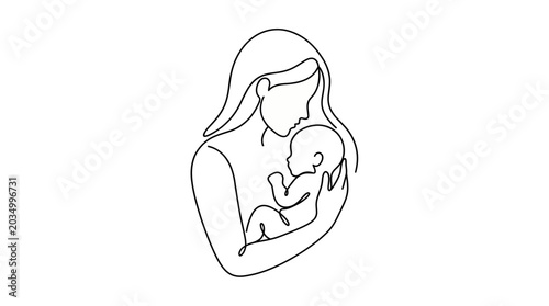 Minimalist line art of a mother gently cradling her newborn baby on a crisp white background, symbolizing unconditional maternal love and expressing tender family bond