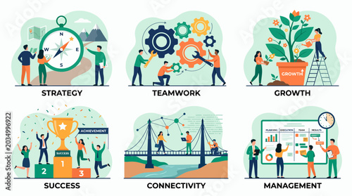Flat vector illustration depicting business concepts: strategy, teamwork, growth, success, connectivity, management, illustrating business development and corporate presentations