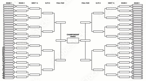 Detailed blank 64 participant single elimination tournament bracket chart with distinct round labels, illustrating sports event planning, competition organization