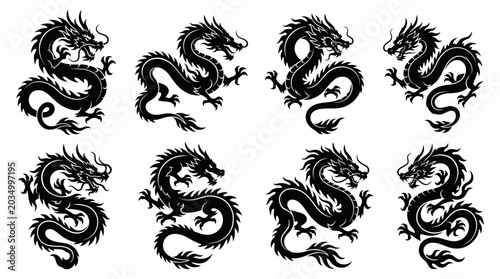 Eight black traditional Chinese dragon silhouettes in various dynamic poses on a clean white background, symbolizing strength and ancient Asian mythology for cultural designs