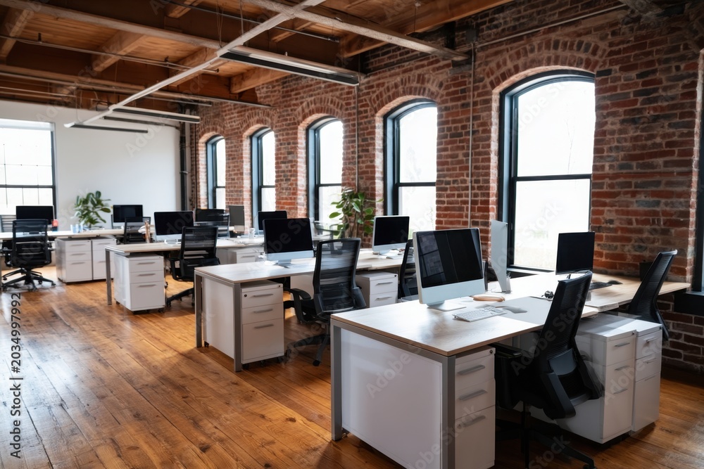 Fototapeta premium The Office Interior Featuring Modern Desks Computers Exposed Brick Windows and Wooden Floors