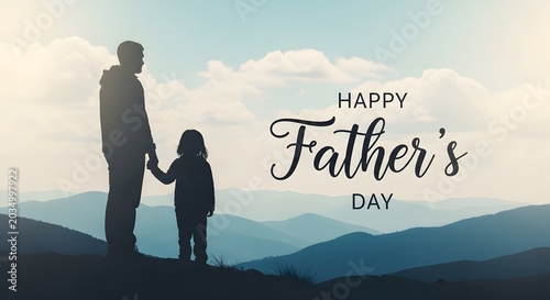Happy father's day silhouette of father and daughter with mountain landscape
