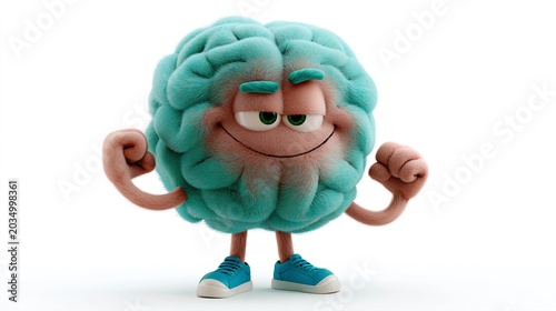 Personnage cerveau turquoise souriant avec bras musclés et baskets