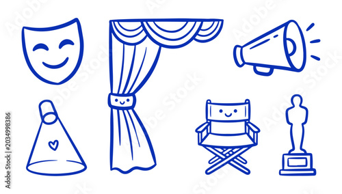 Theatrical icons including comedy mask, curtain, megaphone, clapperboard, director chair, Oscar statuette