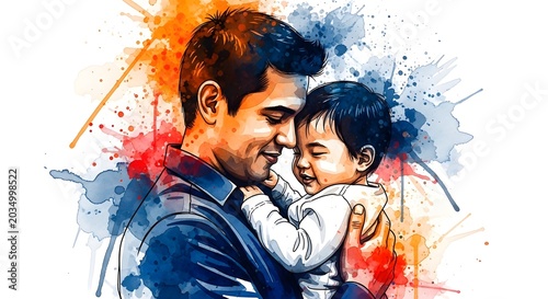 Touching father's day illustration dad holding baby watercolor style