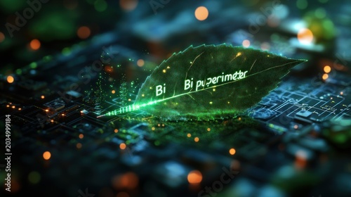 Green leaf on circuit board, glowing text,  technology, sustainability