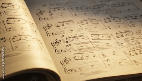 Displaying open music score lying on desk under warm lamp, showing printed notation and smudges