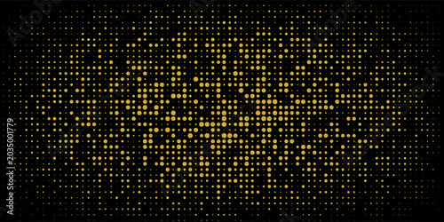 Abstract luxury banner with golden glittering dots on black background. Sparkling glitter bottom border, vector frame. Halftone effect. Magical gold dust. Pop art style backdrop.