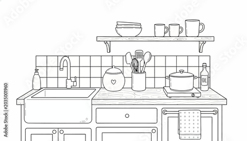 Obraz na płótnie Kitchen interior with sink, stove, and utensils, line art illustration, home dec