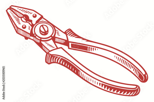 Red illustration of a pair of pliers with a white background and a circular object on the handle