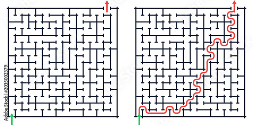 Bild auf Leinwand Maze solving puzzle with start and finish paths shown on grid layout in black an