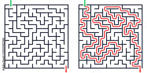 Schilderij op canvas Maze puzzle with solution shown on the right side in red lines and original maze