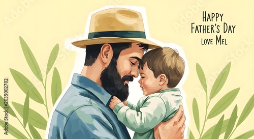 Touching father's day illustration dad and baby embrace with affection