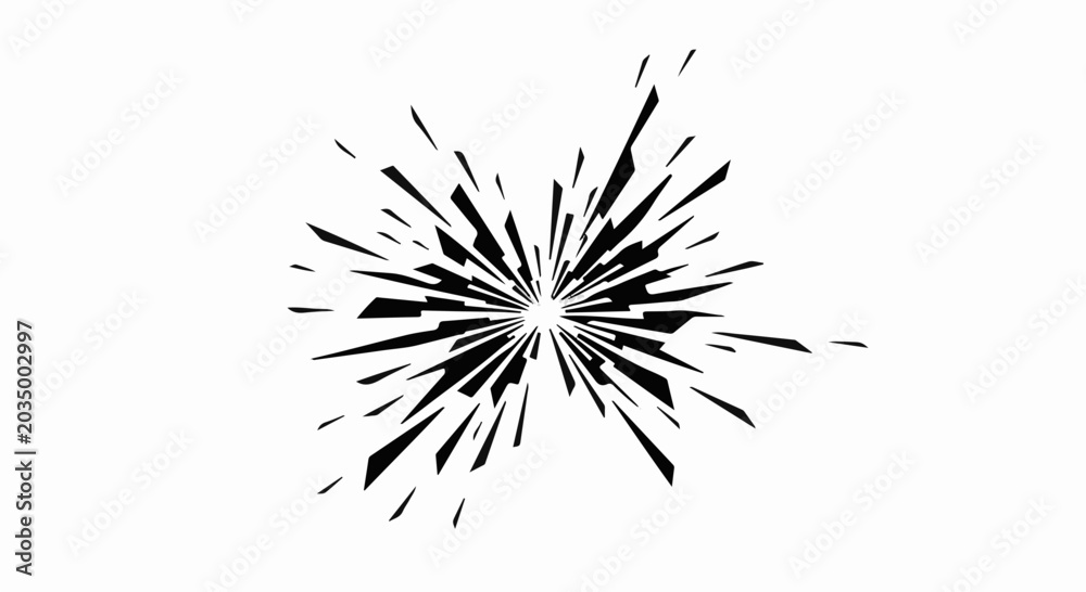Fototapeta premium Dynamic abstract burst of sharp black lines radiating from a bright center against a white background.