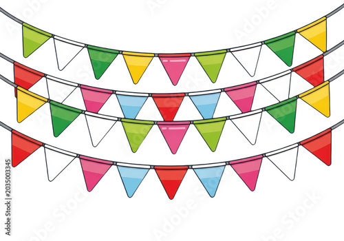 Colorful festive bunting flags hanging on strings isolated on transparent background