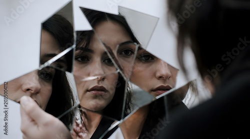 Sad woman looking at her face in broken mirror shards for mental health concept and fractured identity representation.