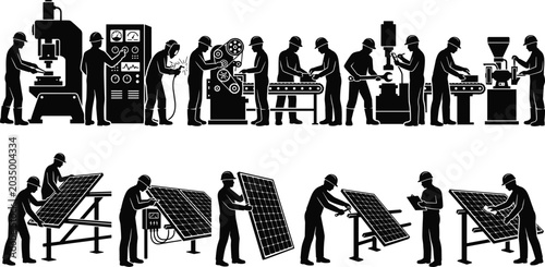 Obraz na plátne Industrial Manufacturing and Solar Panel Technician Silhouettes with Factory Mac