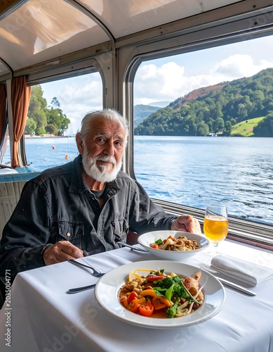 Senior man enjoying outdoor breakfast meal.