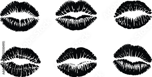 Bild auf Leinwand Six Black Lipstick Kiss Marks On White Background imprint