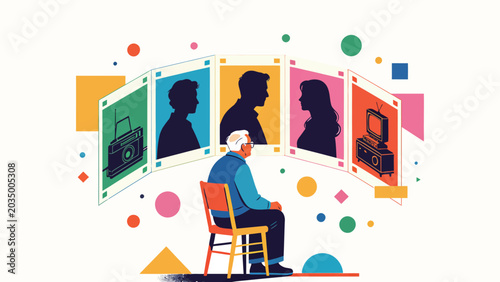 Elderly Senior Man Sitting on Chair Reminiscing, Viewing Curved Vintage Film Strip of Life Memories, Younger Self, Loved Ones, and Retro Household Objects