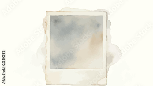 Minimalist Watercolor Illustration of Aged Water-Damaged Blank Instant Photo Frame, Foggy Faded Image Area, Tea-Stained Edges, Soft Water Bleed on Textured Cream Paper