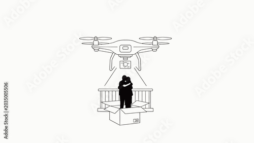 Minimalist Monochrome Line Art Surreal Illustration of Camera Drone Filming Embracing Couple Standing In Open Cardboard Box On Balcony