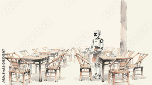 Ink Wash Watercolor Illustration of Apron-Wearing Humanoid Robot Waiter Serving Tea in an Empty Traditional Chinese Teahouse With Bamboo Furniture, Soft Warm Muted Palette, Quiet Meditative Mood