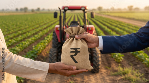 banker offering rupee money bag with modern tractor in farmland for tractor loan agricultural finance rural banking and smart farming support concept