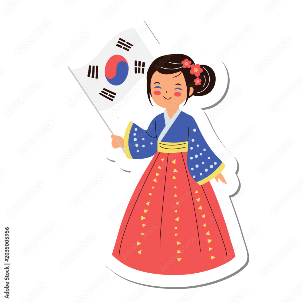 Fototapeta premium Child in traditional Korean dress holding the flag for Korean Constitution Day, isolated on transparent background
