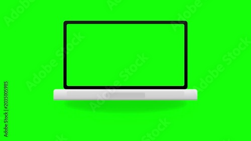 Laptop computer with blank green screen on green background for chroma key  mockup template