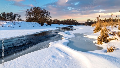 Serene winter landscape with frozen lake and trees.