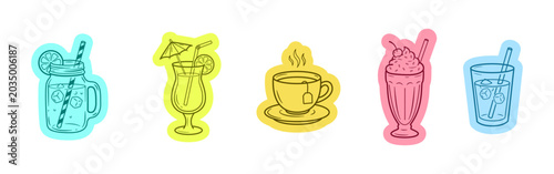summer drink sticker set cute beverage doodle collection coffee cocktail smoothie juice line art illustration pack