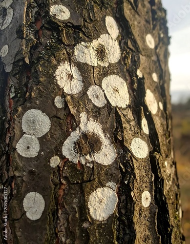 Textured Tree Bark Covered with White Lichen Spots in Natural Outdoor Setting