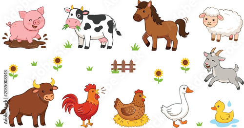 Photos Cute Cartoon Farm Animal Vector Set Featuring Pig in Mud Eating Cow Horse Sheep