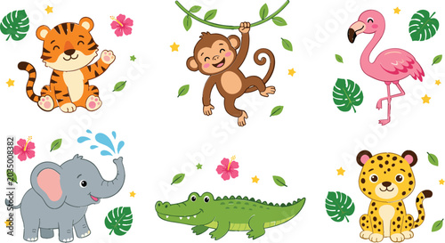 Canvas Print Cute Cartoon Jungle Animal Vector Set Featuring Baby Tiger Monkey Hanging on Vin