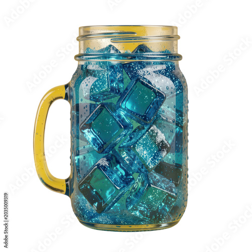 Blue Ice Cubes in Glass Mason Jar with Handle Isolated on Transparent Background