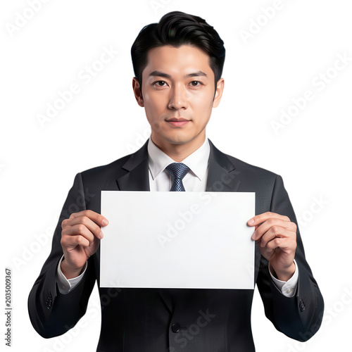 Businessman Holding Blank Sign Isolated on Transparent Background