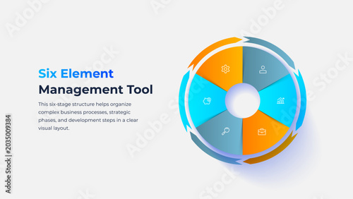 Six Segment Circular Cycle Infographic Template for Management Workflow and Business Process Planning.