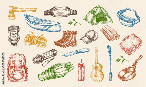 Hand drawn vintage camping and outdoor equipment set in colorful retro engraved sketch illustration style