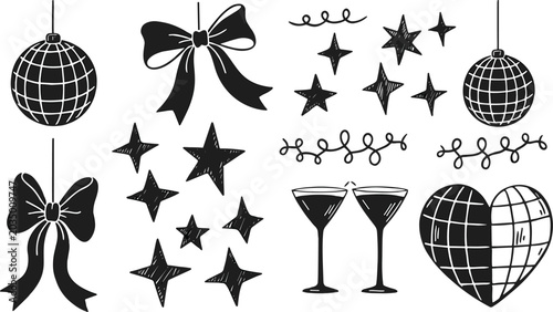 Fotografía Printparty, celebration, holiday, disco, ball, martini, glasses hand drawn spark