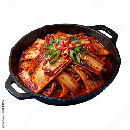 Spicy Kimchi Stew in Cast Iron Pot Isolated on Transparent Background