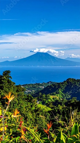 Majestic Volcanic Mountain Rising Beyond Blue Lake and Lush Tropical Hills
