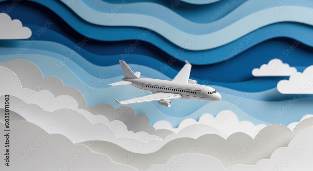 Naklejka premium Airplane Flying Through Stylized Clouds and Blue Waves.