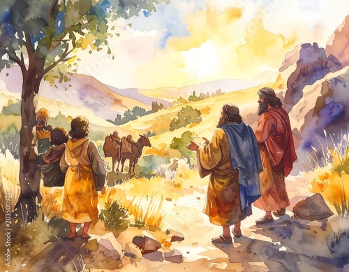 Warm Watercolor Robed Travelers Walking Along Sunlit Mountain Path