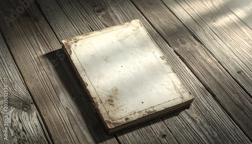 Aged Blank Hardcover Book Resting on Rustic Wooden Floor in Soft Sunlight