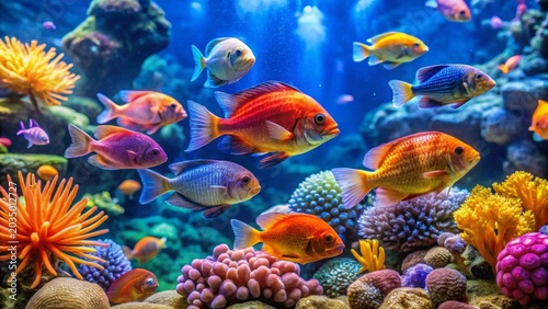 A vibrant underwater panorama teeming with exotic aquatic life and colorful coral formations in crystal clear blue waters