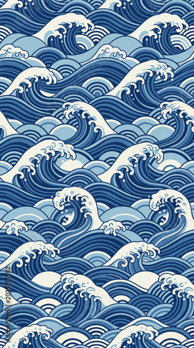 Minimal Japanese wave seamless pattern inspired by traditional ukiyo-e art, elegant blue flat vector design