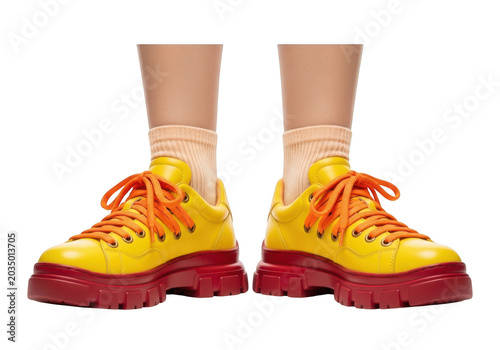 3D Yellow Chunky Sneakers with Red Soles on Feet